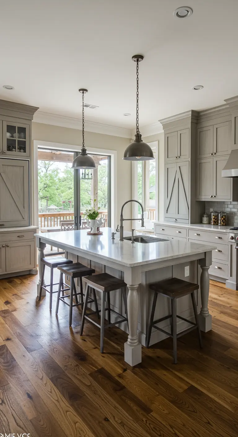 Kitchen in a warm greige color with a large island featuring classic turned legs.
