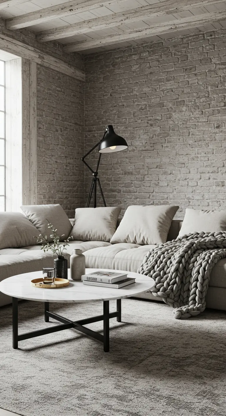 Loft with a whitewashed brick wall, a gray sectional with a knit throw, and a round marble table.