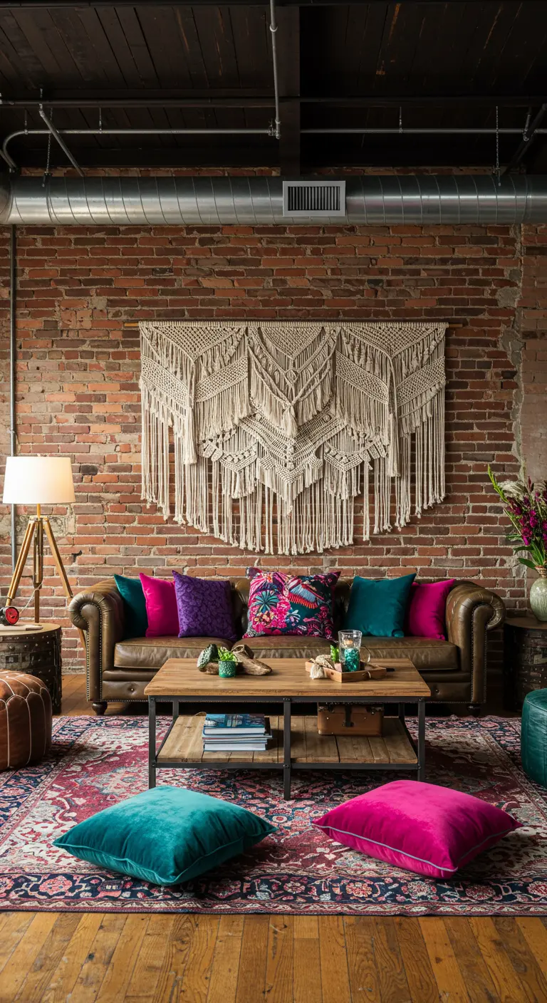 Industrial loft with a large macramé hanging on a brick wall above a leather sofa.