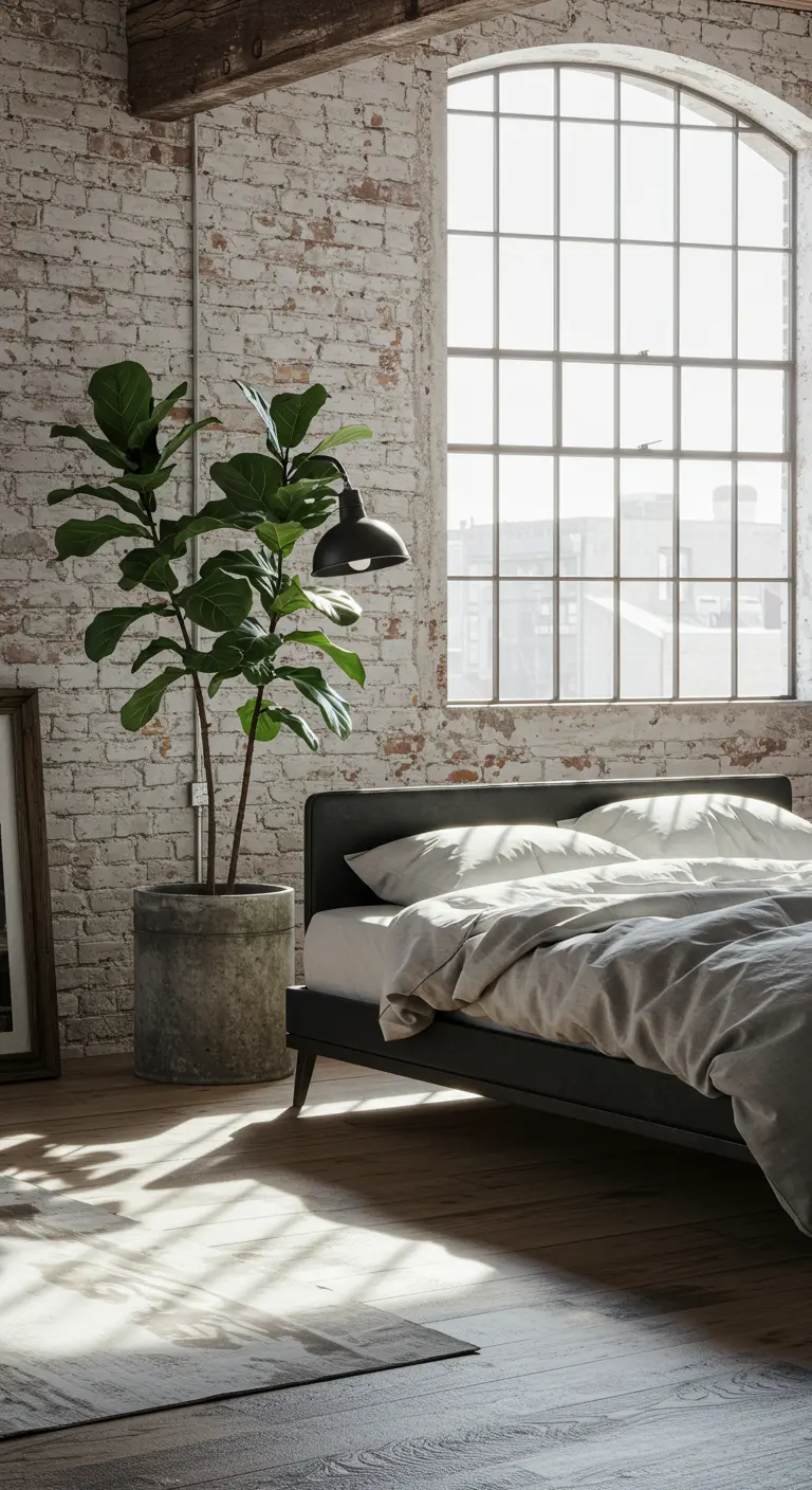 Minimalist loft bedroom with whitewashed brick wall and a large fiddle-leaf fig.