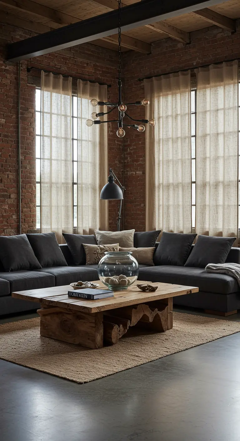 Industrial loft with exposed brick, a charcoal sectional, and semi-sheer linen curtains.