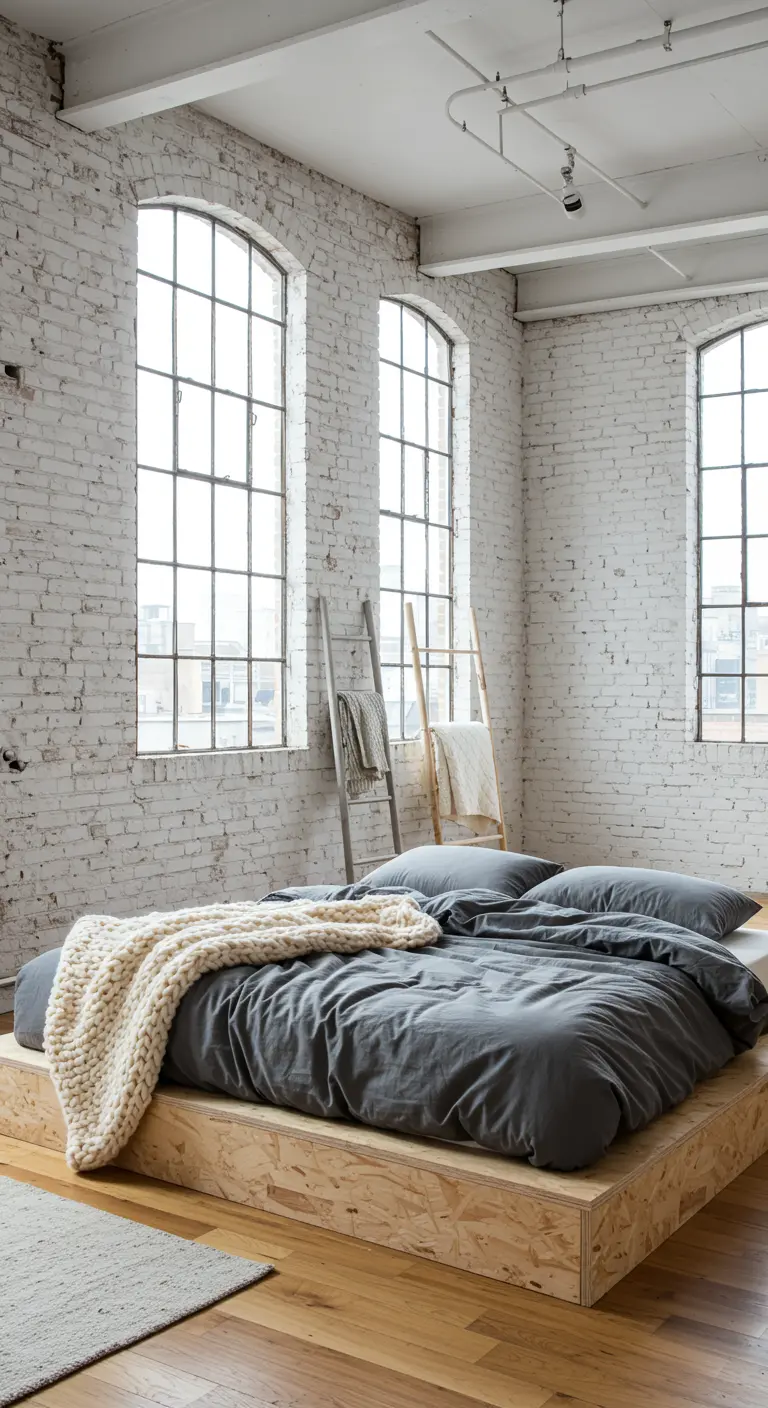 Industrial loft bedroom with whitewashed brick walls and a low platform bed with cozy textiles.