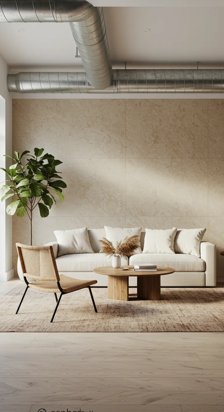 Serene loft living room with beige marble wall, cream sofa, and natural wood accents.