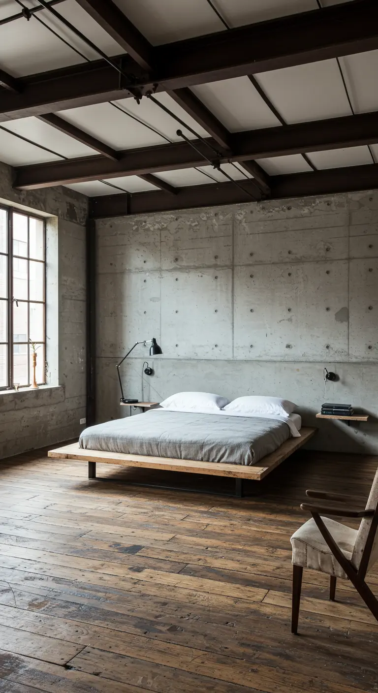 A bedroom with concrete walls, a low wooden platform bed, and distressed wood floors.