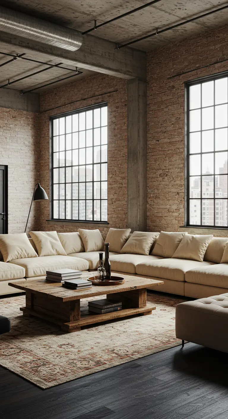 Industrial loft living room with exposed brick, a large beige sectional, and a rustic coffee table.