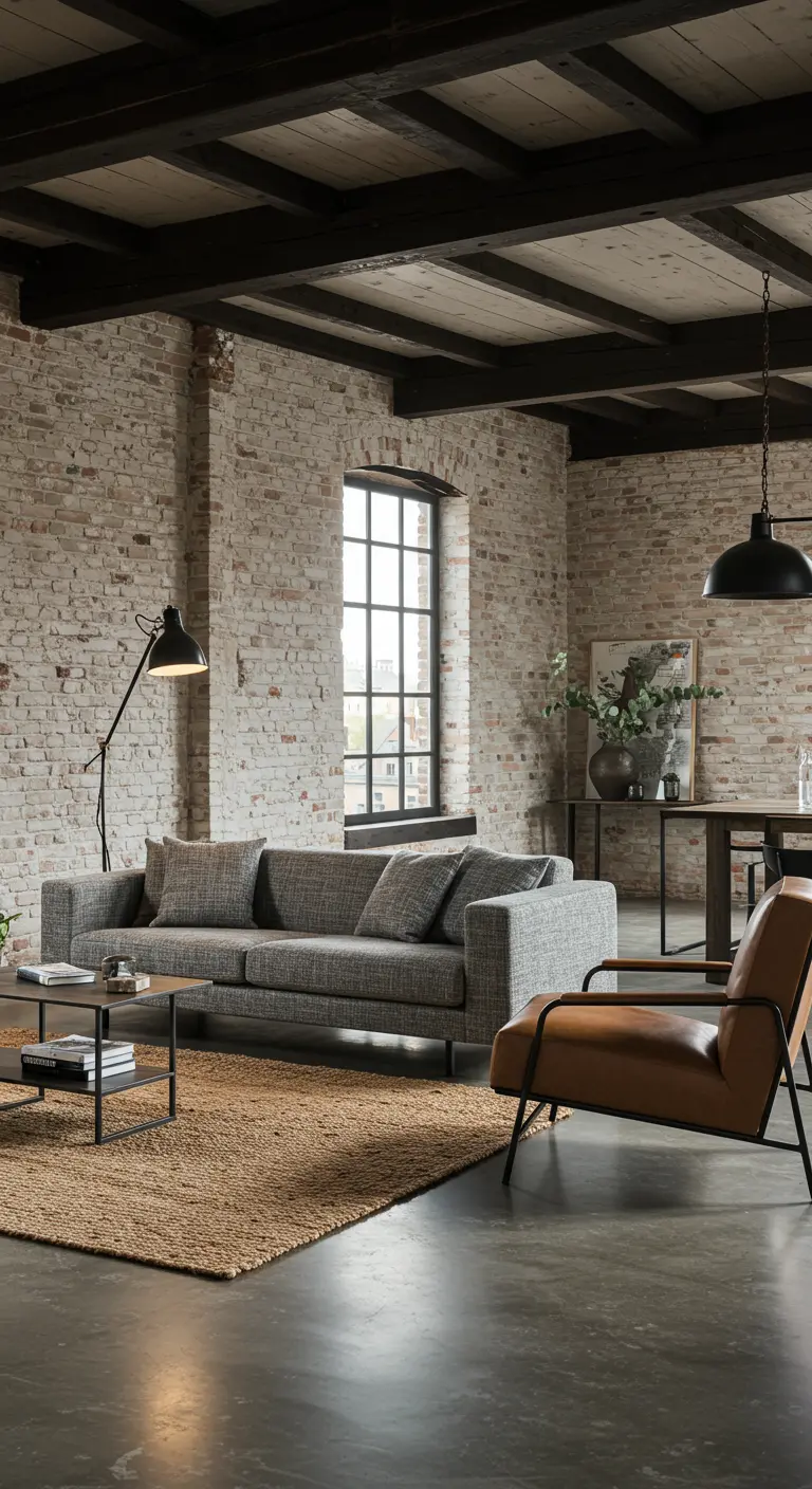 Industrial loft living room with exposed brick, a grey sofa, and a leather chair.