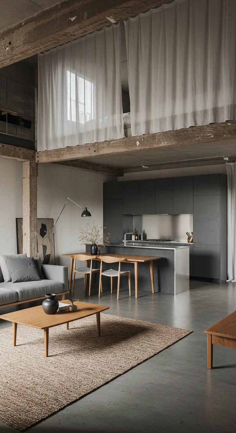 Industrial loft with concrete floors and a sheer curtain separating a loft bed.