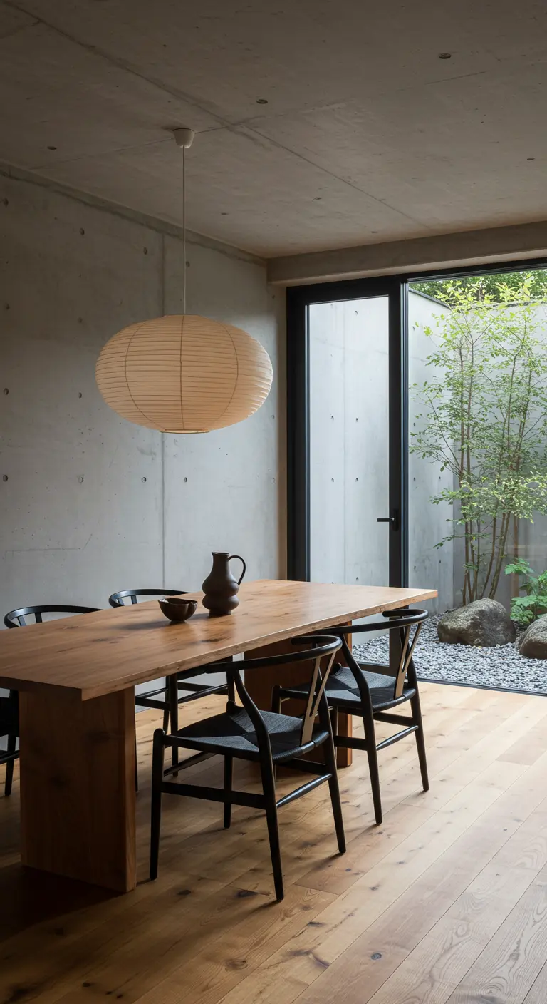 Dining room with concrete walls, a large wood table, and black chairs.