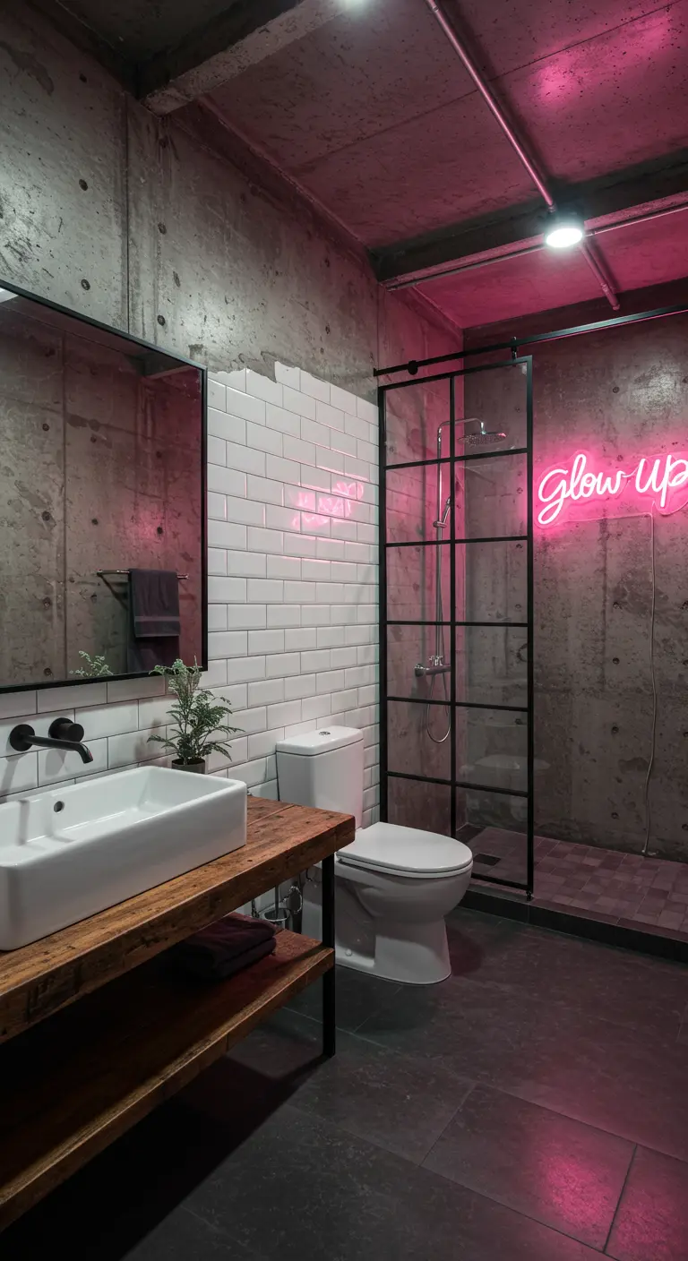 Industrial bathroom with concrete walls, a wood vanity, and a pink 'glow up' neon sign.