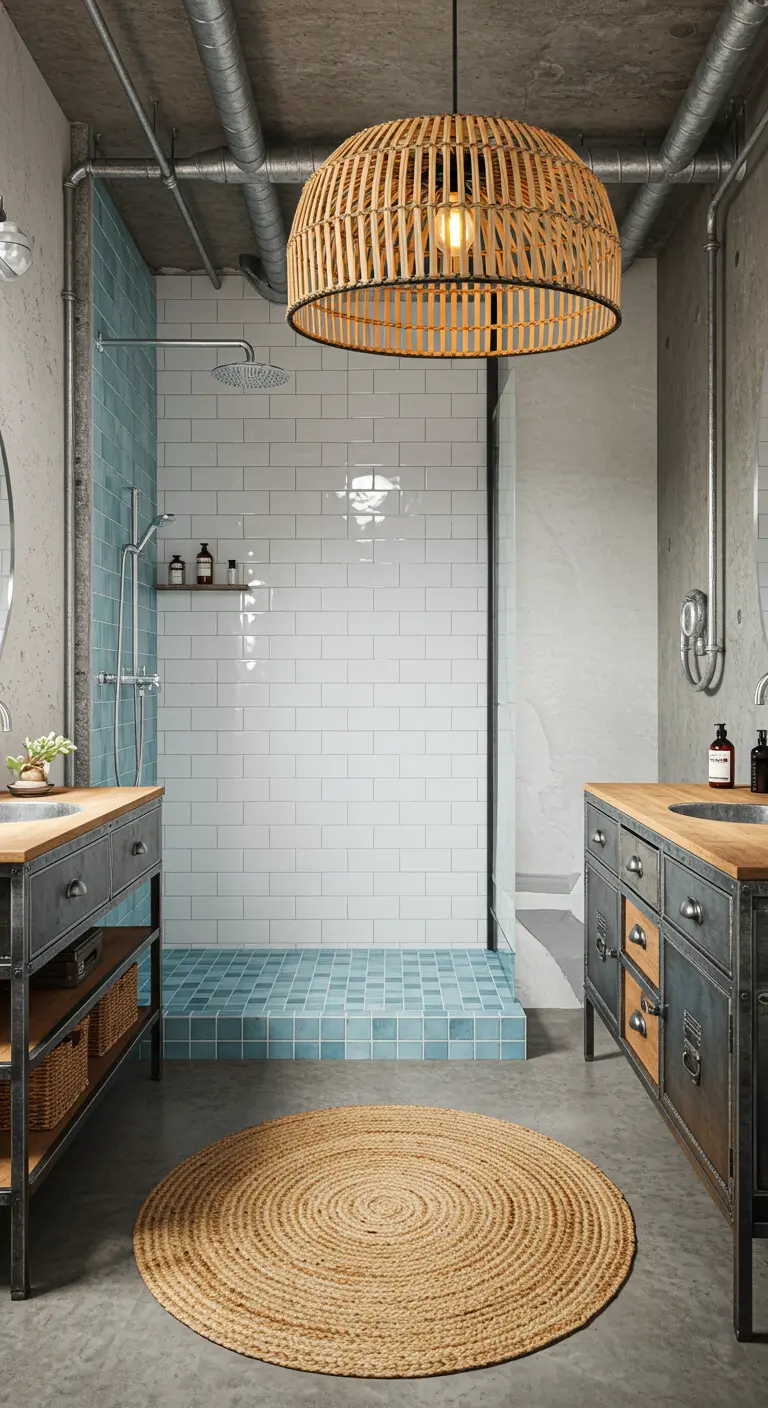 Industrial bathroom with exposed pipes, softened by a round jute rug.