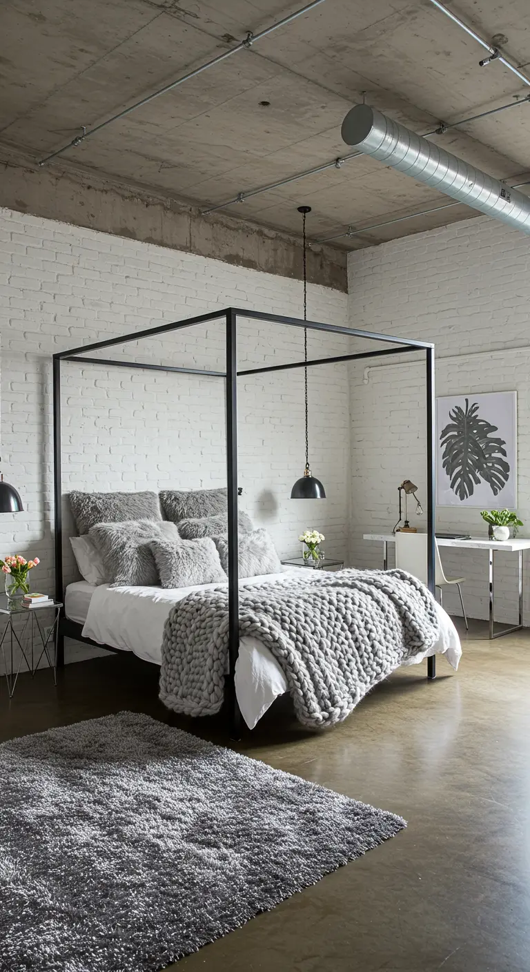 Industrial loft bedroom with a black canopy bed and layered gray textures.
