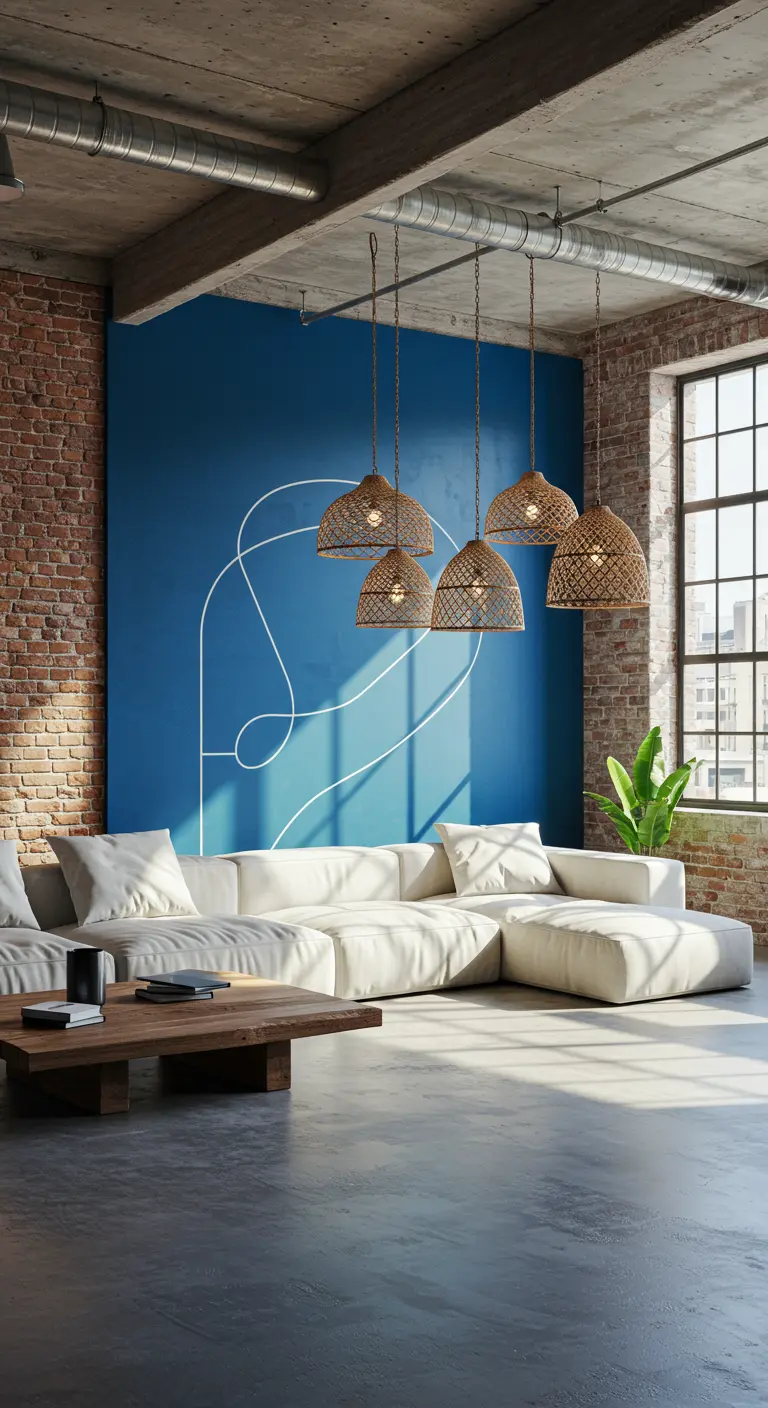 Industrial loft living room with an exposed brick wall next to a large blue painted panel.