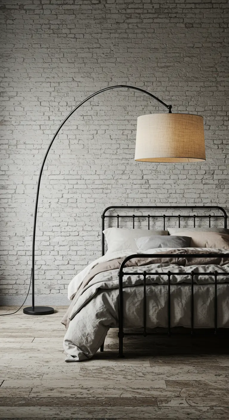 Bedroom with a painted brick wall, metal bed, and a large arc floor lamp.