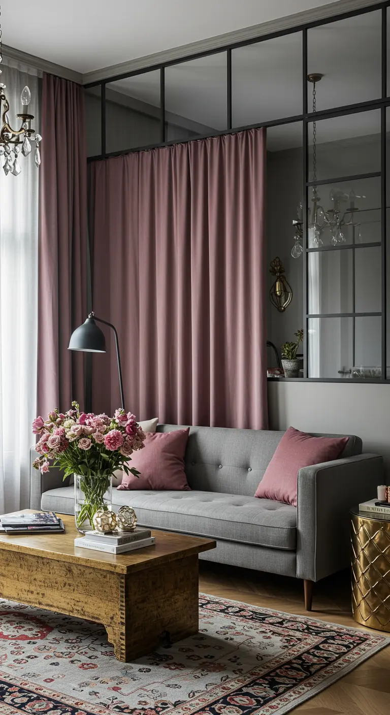 A pink curtain provides privacy behind a black-framed glass wall.