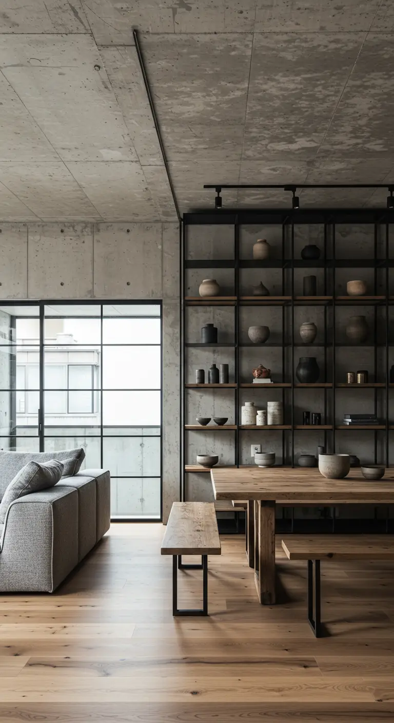An industrial Japandi living space with concrete walls and a large steel shelving unit.
