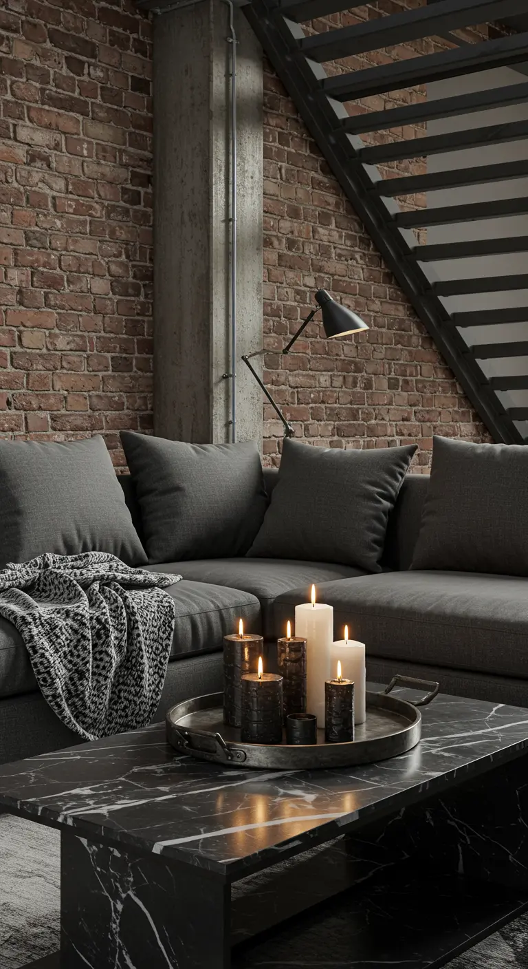 Dark grey sectional with a knit throw in an industrial loft with a marble coffee table and candles.
