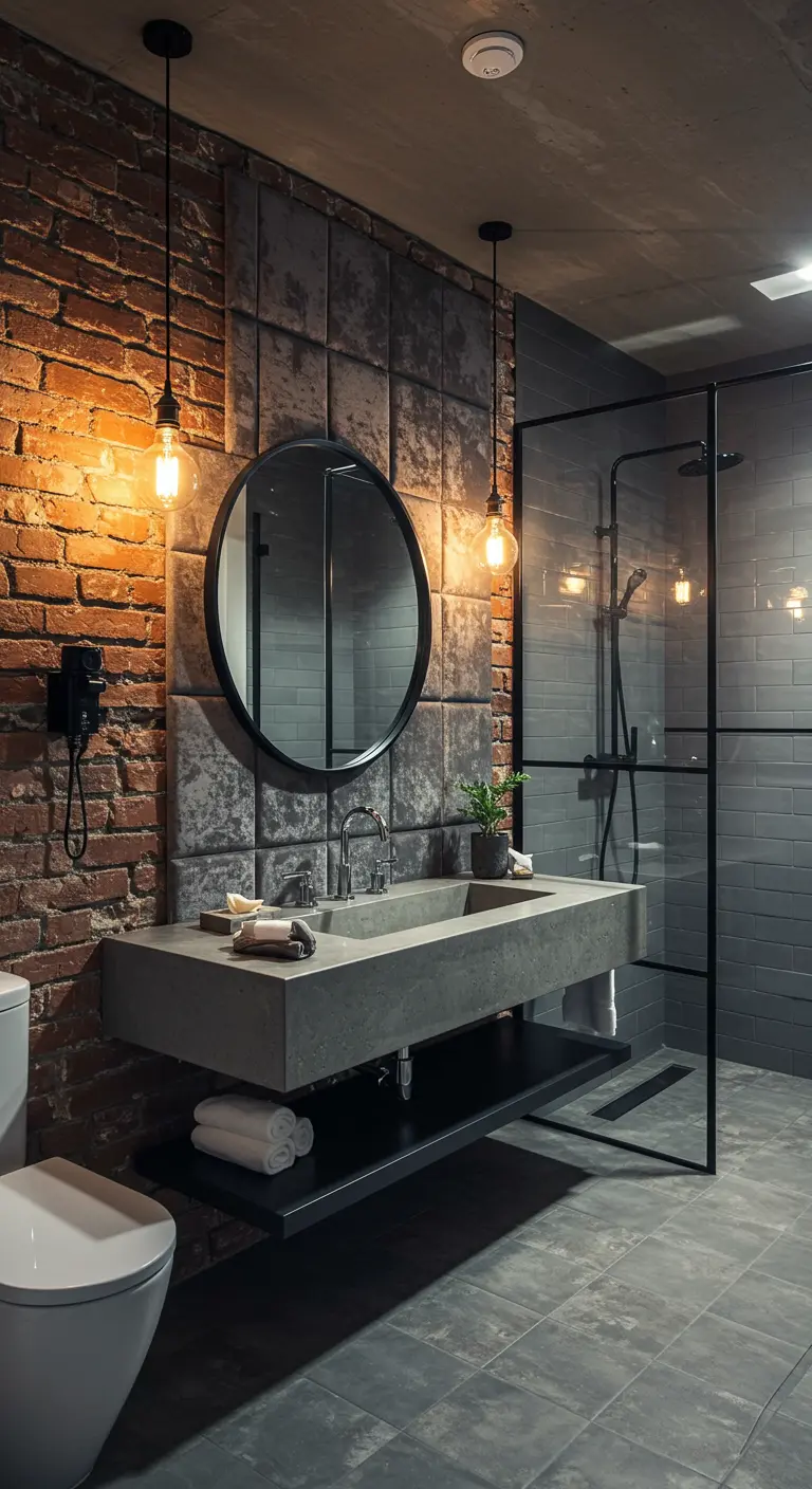 Industrial bathroom with an exposed brick wall next to grey upholstered panels and a concrete sink.