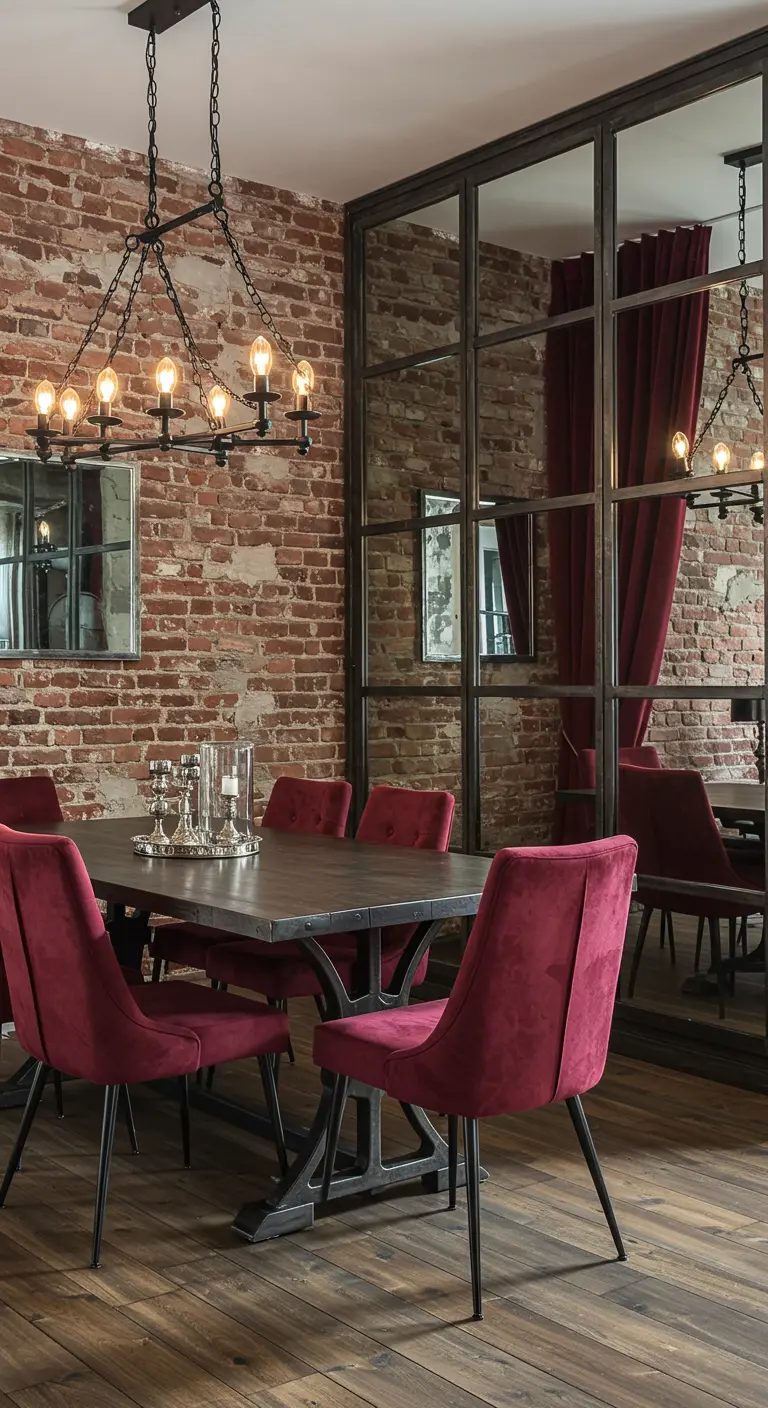 Industrial dining room with brick wall, burgundy velvet chairs, and a large mirror.
