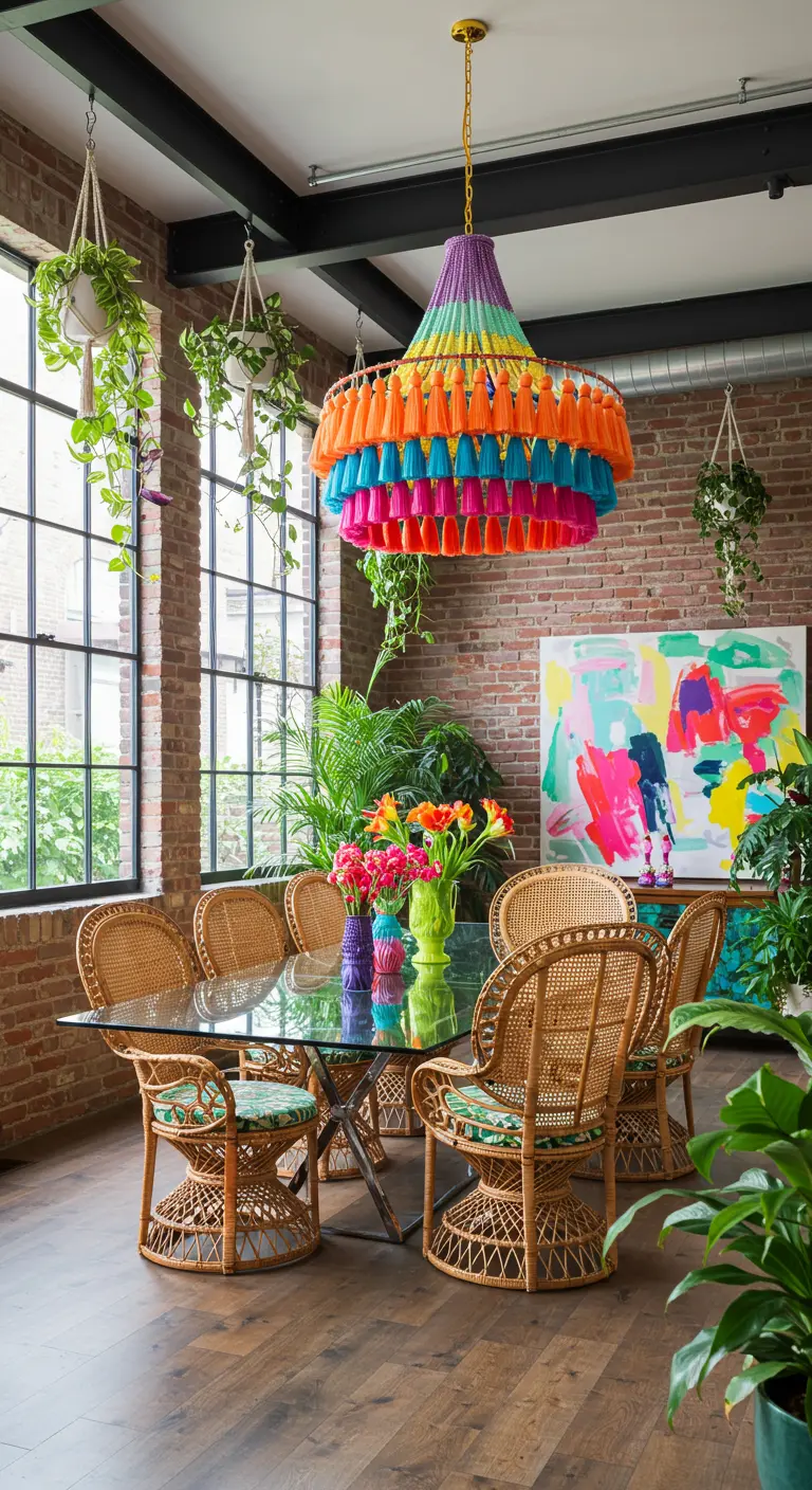 Industrial loft dining room with exposed brick and a rainbow tassel chandelier.