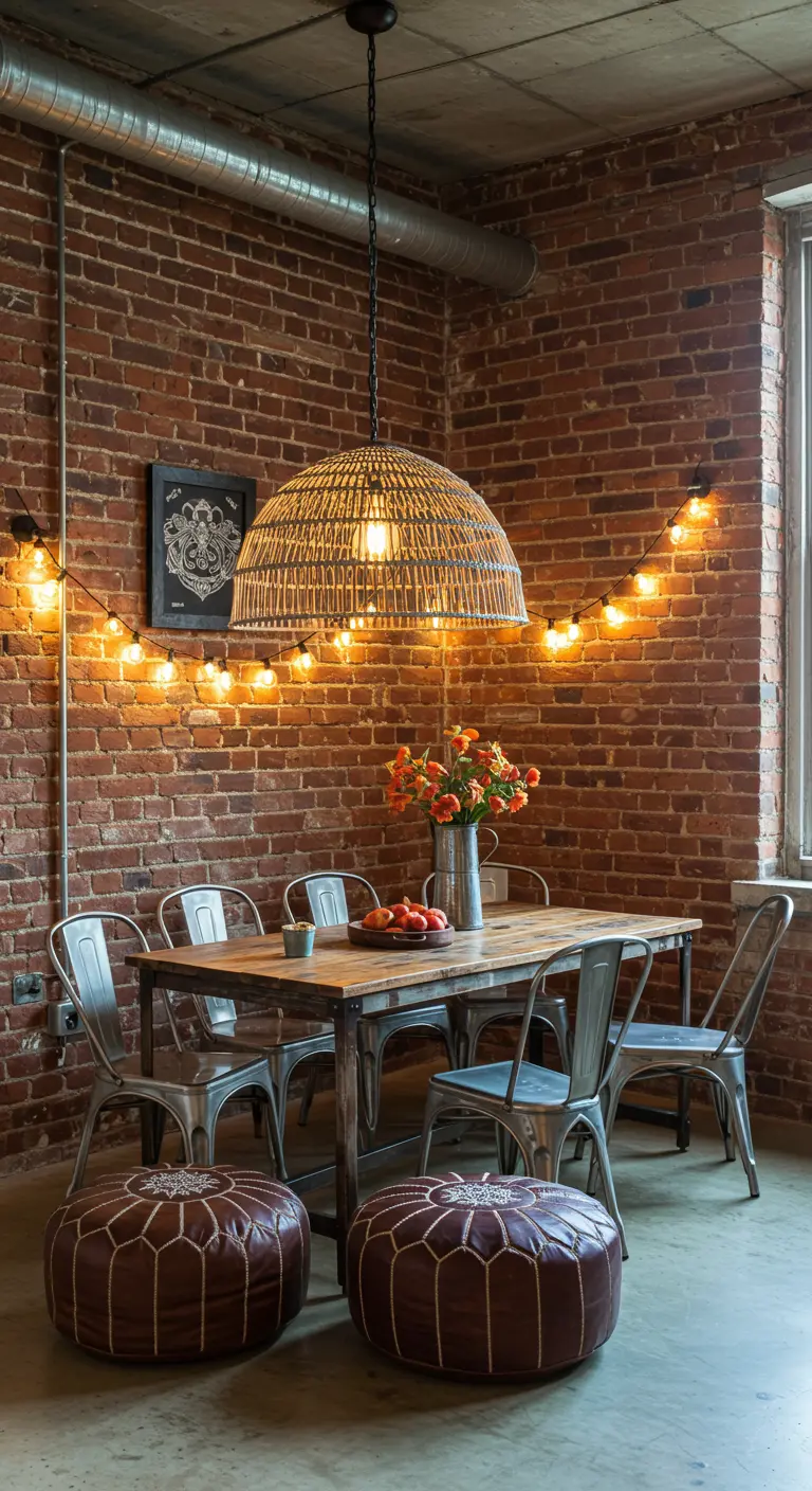 Industrial dining area with exposed brick, metal chairs, leather poufs, and a large rattan pendant.