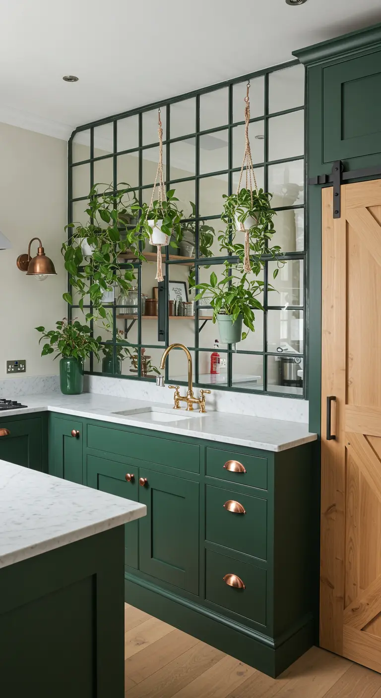 Dark green kitchen where hanging plants are displayed against a black steel-and-glass partition wall.