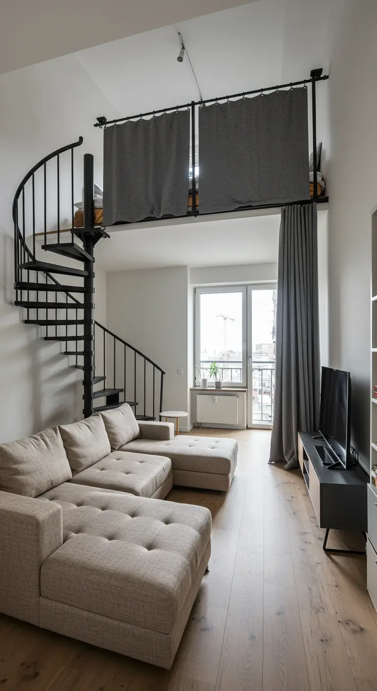A loft apartment with a spiral staircase and a curtain providing privacy for the bed.