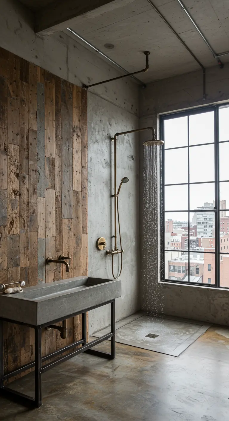 Loft bathroom with a reclaimed wood wall, concrete trough sink, and industrial-style shower.