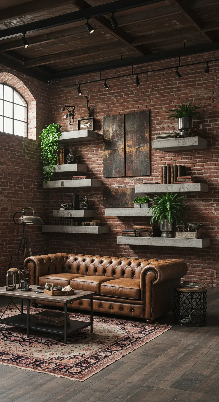 Concrete floating shelves on a red brick wall above a brown leather chesterfield sofa.