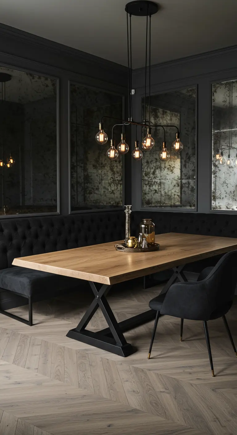 Moody dining room with a tufted banquette, a wood trestle table, and an industrial chandelier.