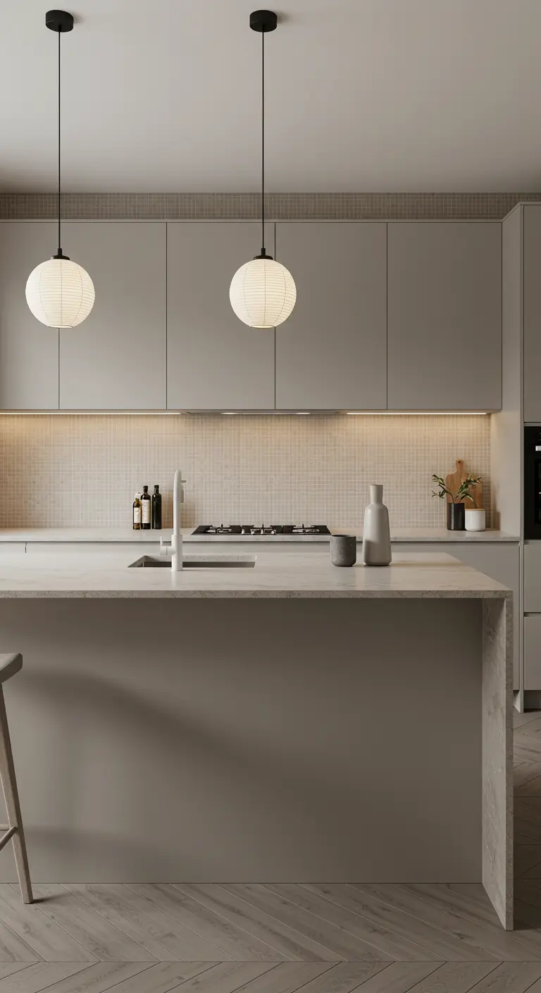 Minimalist greige kitchen with paper lantern pendants over the island.
