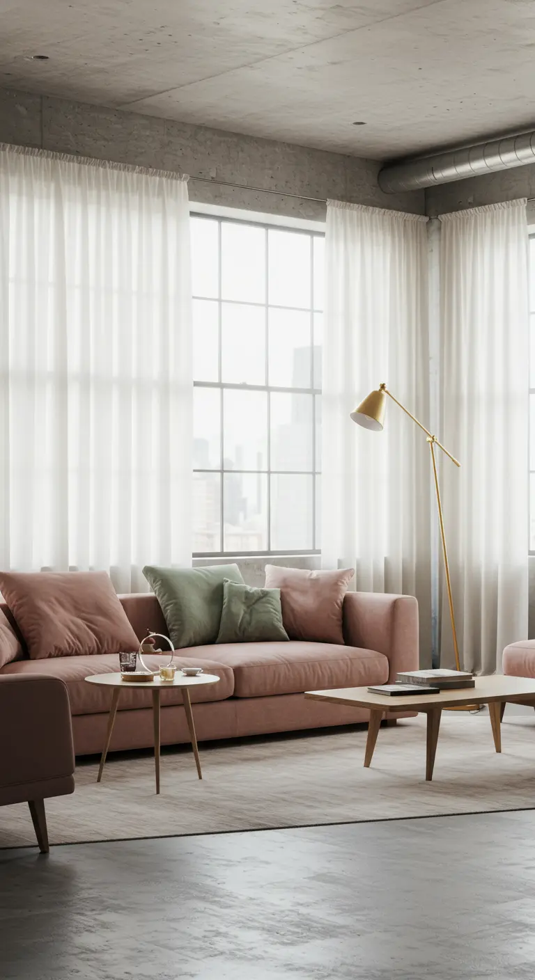A loft living room with floor-to-ceiling sheer white curtains diffusing the light.
