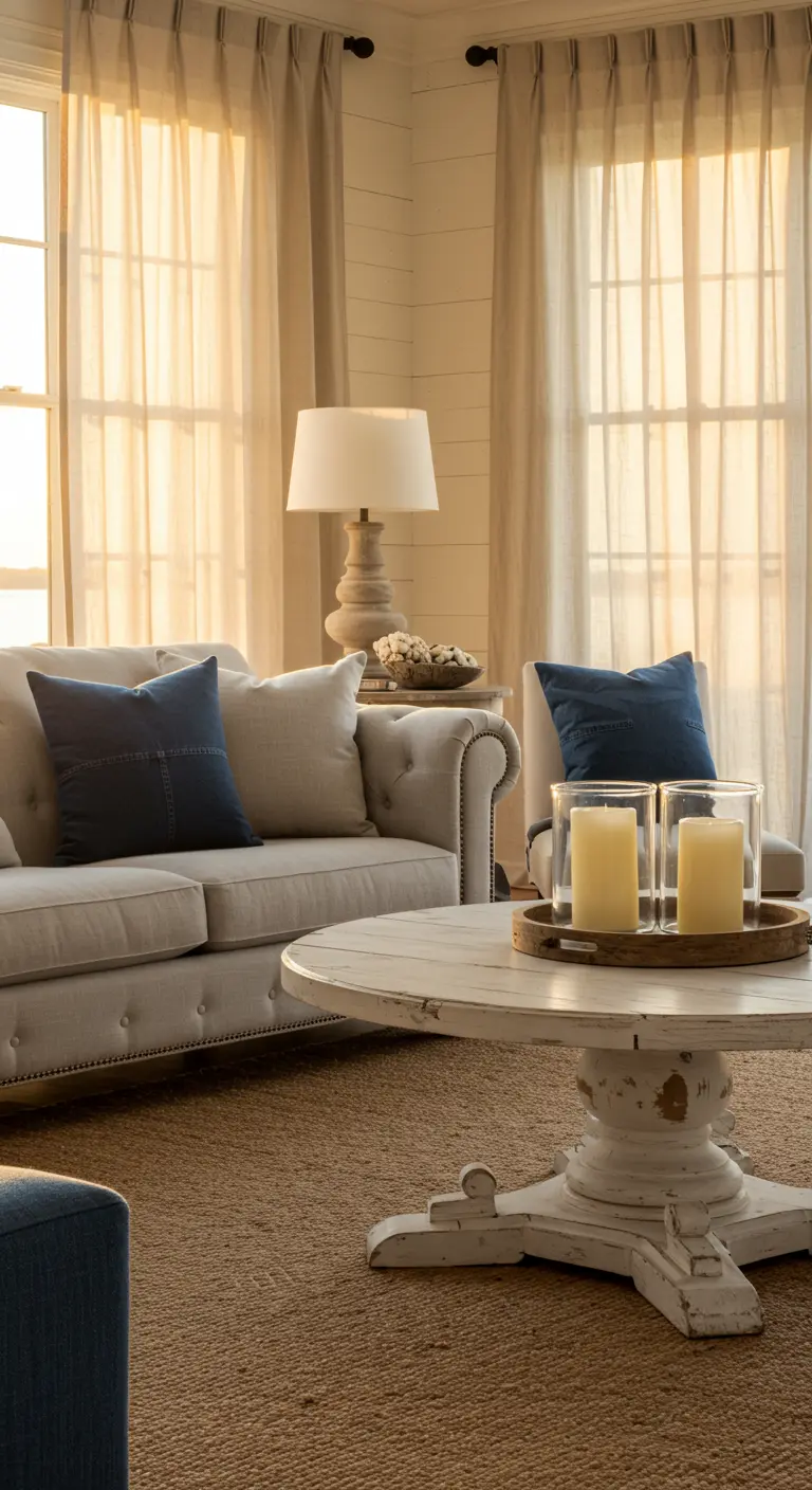 Tufted sofa and distressed white coffee table with sheer linen curtains filtering sunlight.