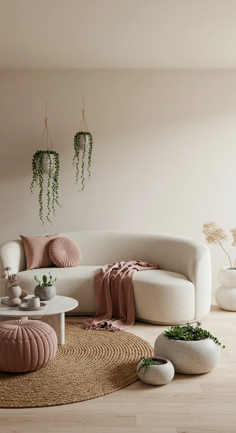 Curved white bouclé sofa with dusty rose pillows, hanging plants, and round stone planters.