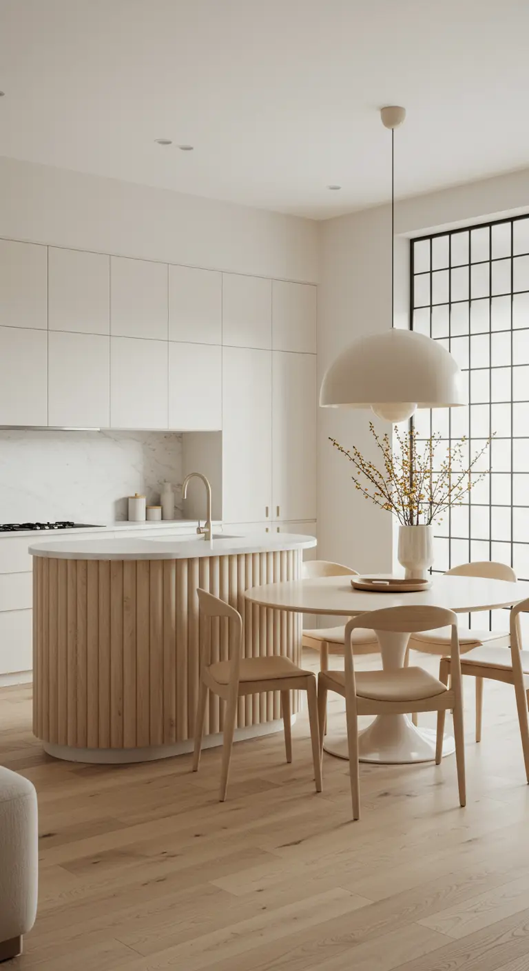 A white kitchen with a curved, fluted wood island and a large white dome pendant light.