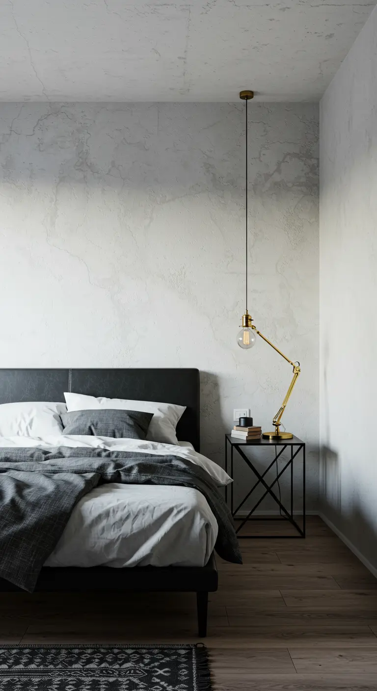Minimalist bedroom with a textured gray wall, black leather bed, and a brass task lamp.
