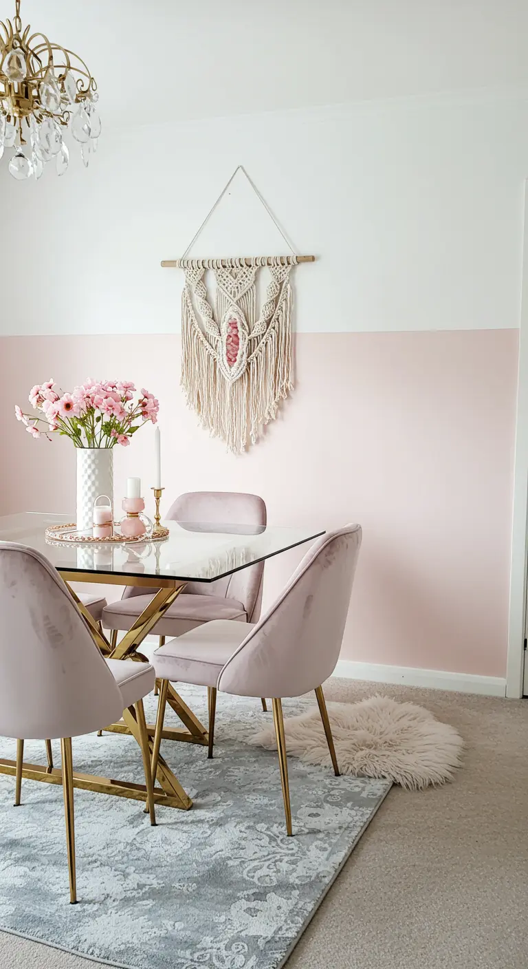 A glam dining room with pink velvet chairs, a glass and brass table, and a macramé hanging.