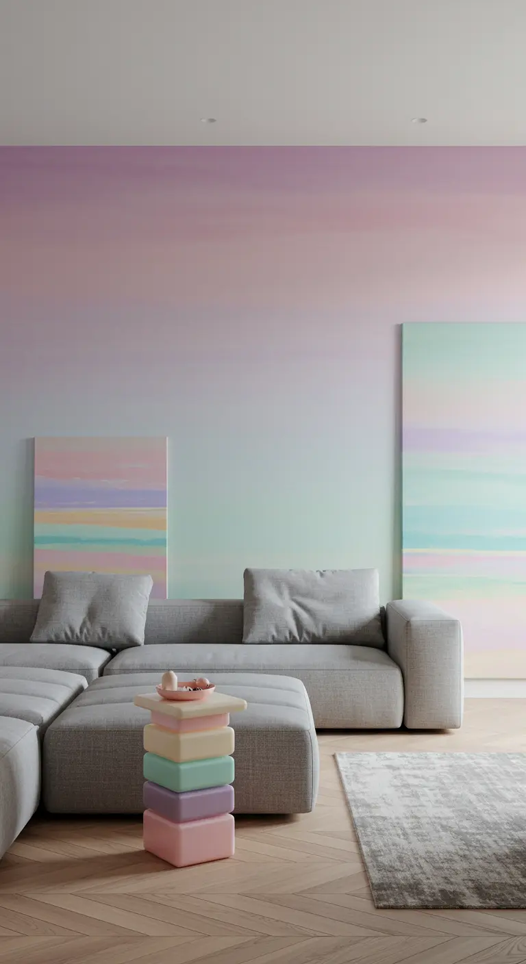 Gray sectional sofa facing a pastel ombre wall with a colorful stacked side table.