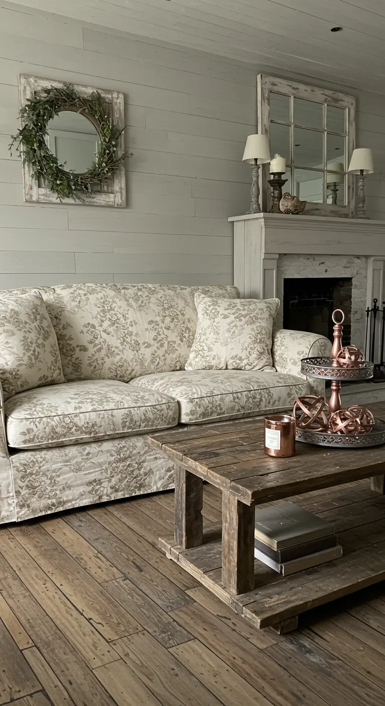 Farmhouse living room with a slipcovered floral sofa and a heavy reclaimed wood coffee table.