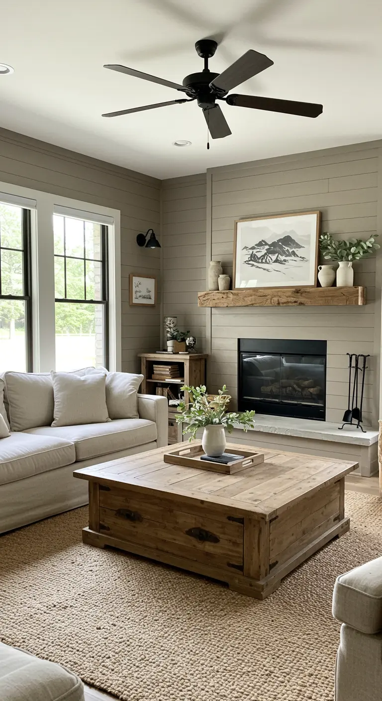 Farmhouse living room with a taupe shiplap fireplace and a large wooden coffee table.