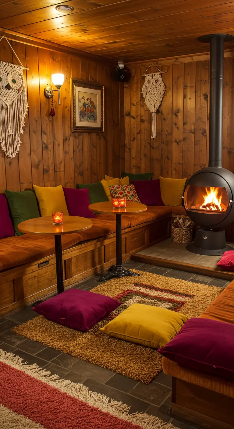 Cozy, wood-paneled room with a fireplace, built-in seating, and macramé wall art.