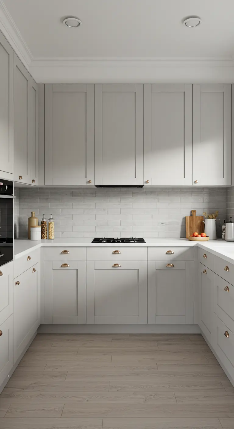 U-shaped light grey kitchen with classic Shaker cabinets and small brass cup pulls.