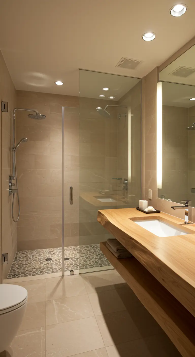 Bathroom with stone tile, a live-edge wood vanity, and a pebble shower floor.