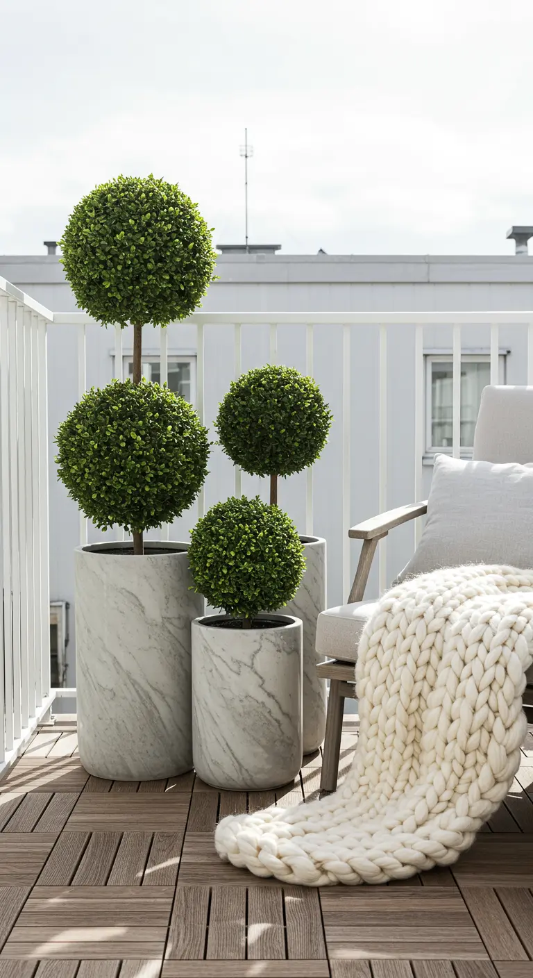Marble planters with topiaries next to a chair with a chunky knit blanket.