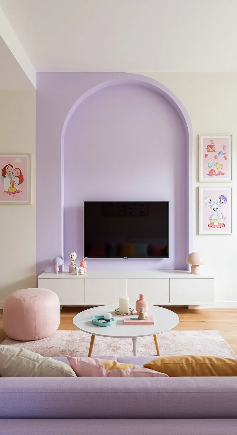 A lavender painted arch on a wall, framing a TV and white media console.