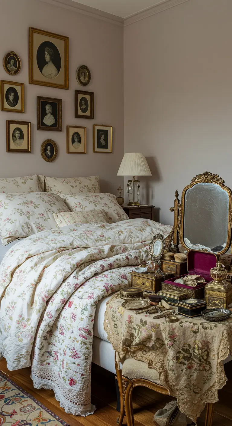 A romantic bedroom with layered floral bedding, a small gallery wall, and an antique vanity.