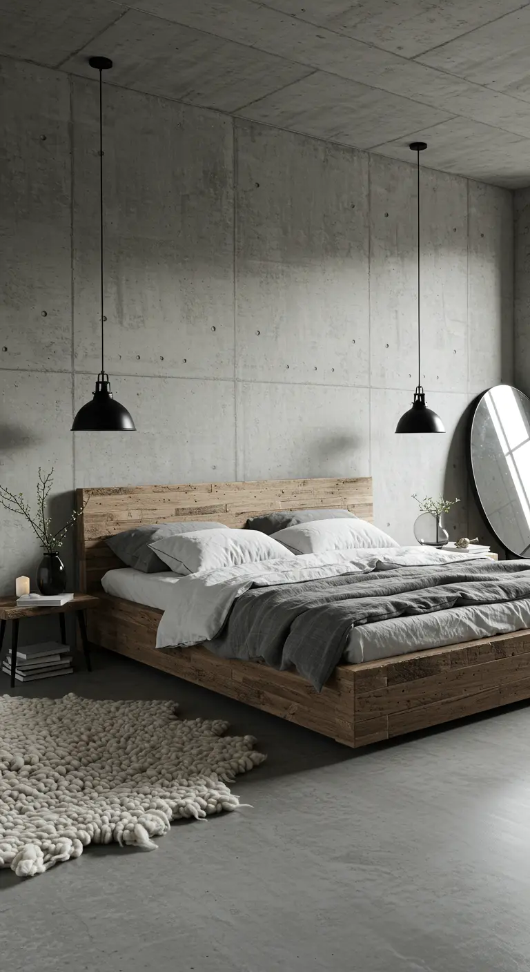 Minimalist industrial bedroom with a concrete wall, reclaimed wood bed, and a large knit rug.