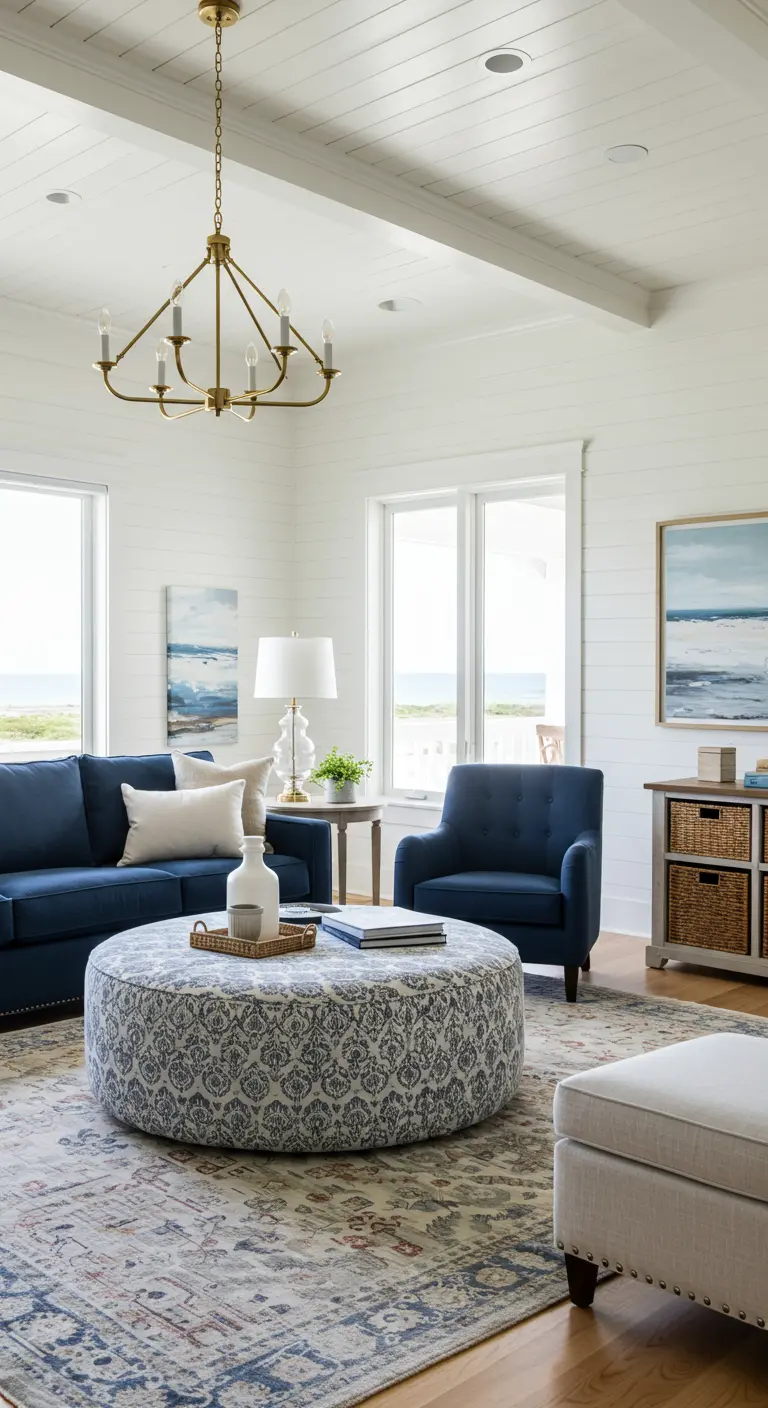 Living room with a navy sofa set and a large, round patterned fabric ottoman.
