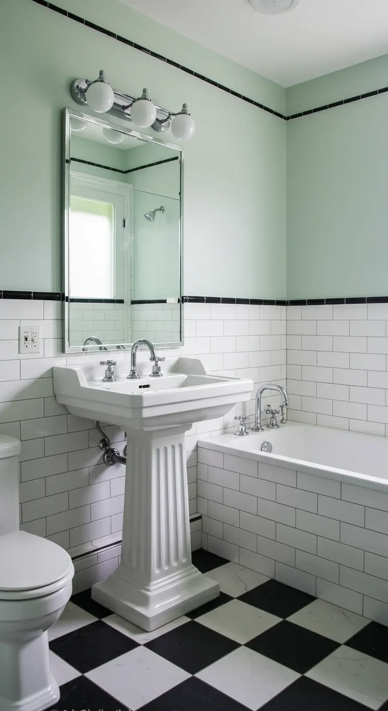 Classic bathroom with mint green walls, a pedestal sink, and checkerboard flooring.