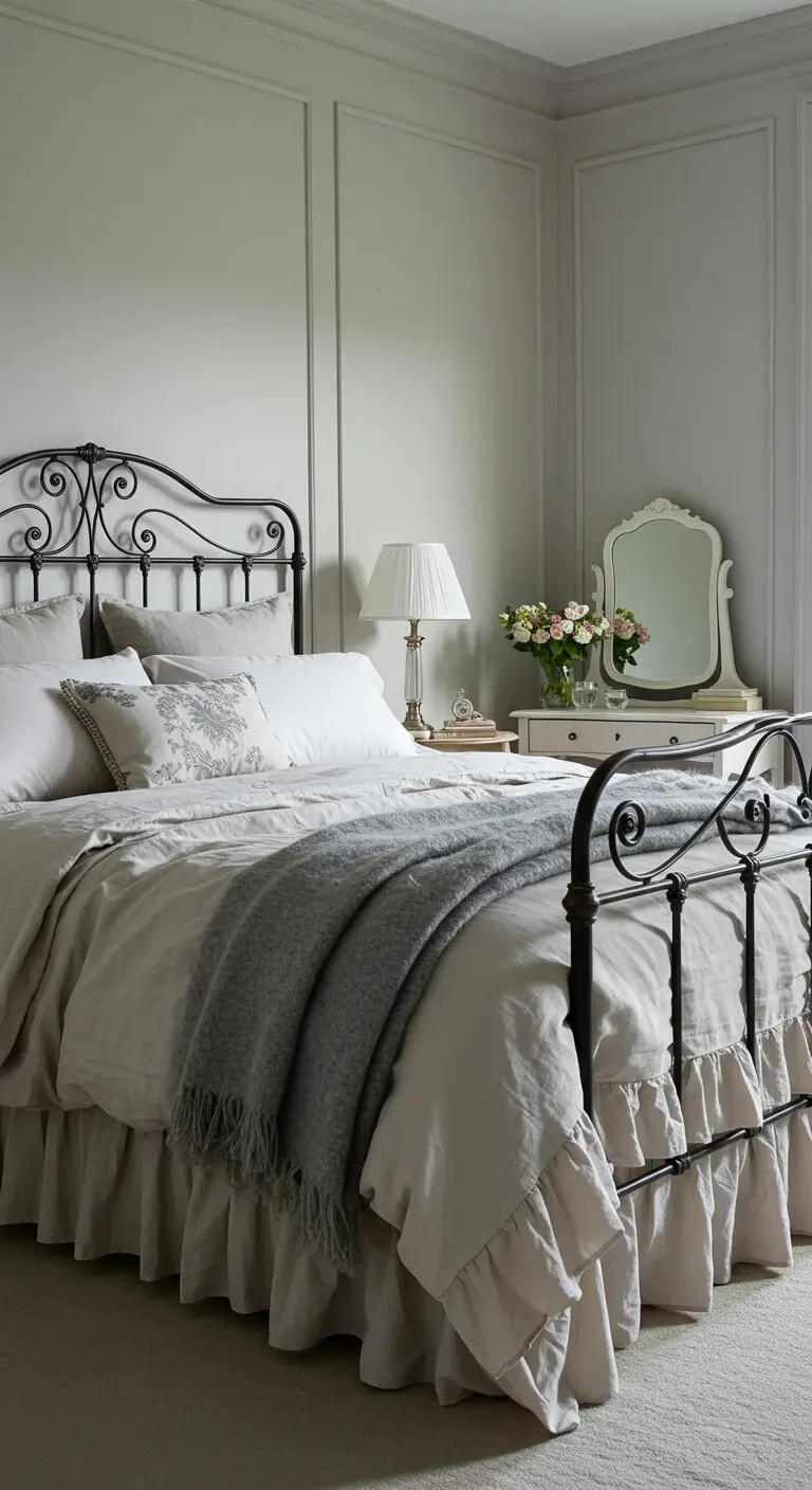 Classic bedroom with a black wrought iron bed, ruffled bedding, and a white vanity table.