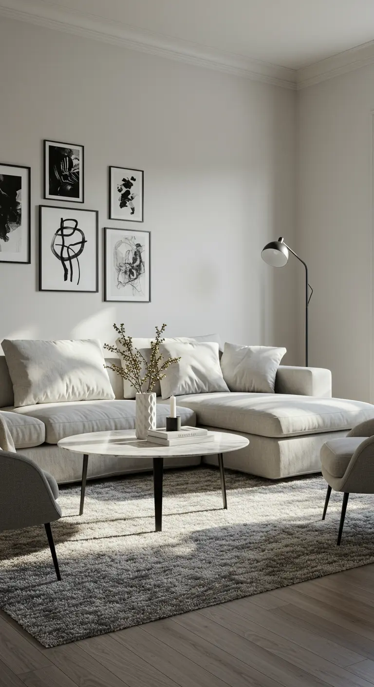 Light gray sectional with a black-and-white gallery wall and round marble coffee table.